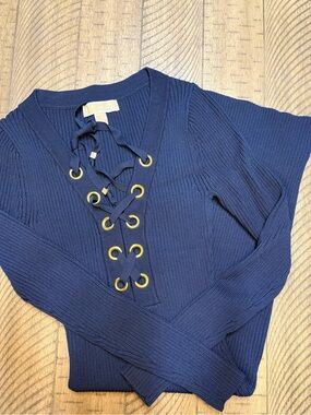 Michael Kors Navy Lace-Up Ribbed V-Neck Dress with Gold Eyelets